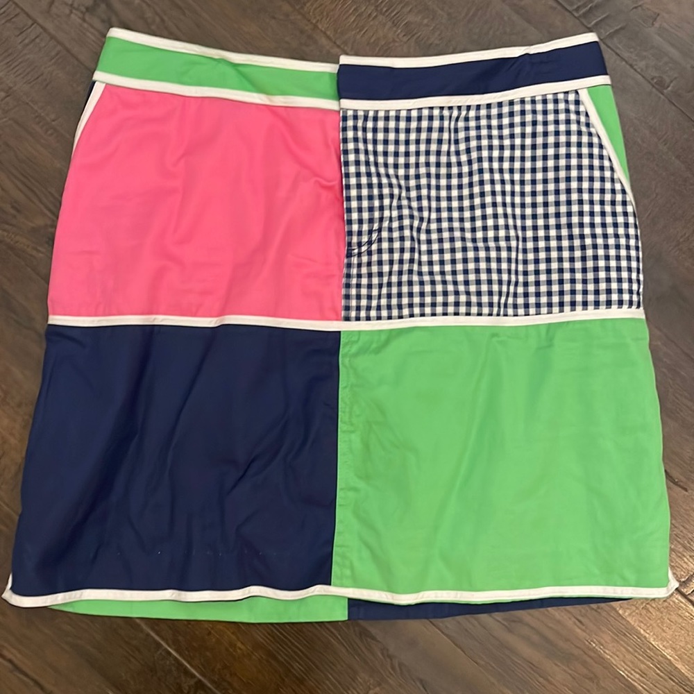 LILLY PULITZER Pink Green Blue Gingham Color Block Lined Skirt Size 14